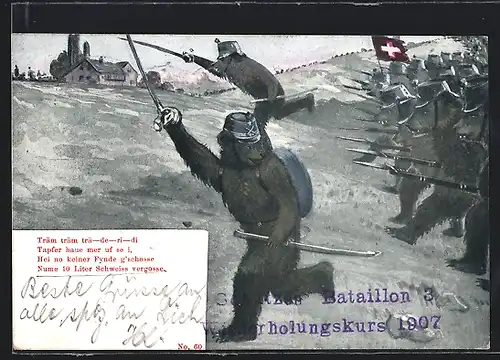 AK Bären als Soldaten beim Angriff, Schützen-Bataillon 3, Wiederholungskurs 1907, vermenschlichte Tiere