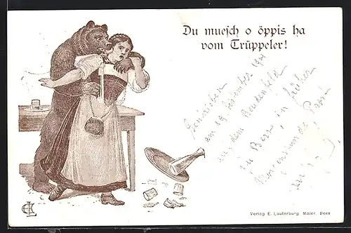 AK Bär hält Wirtin fest, vermenschlichte Tiere