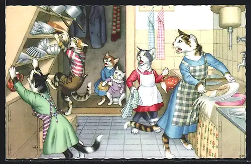 AK Kater kippt in der Küche das Regal um, vermenschlichte Tiere