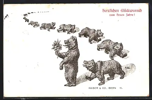 AK Bären mit Zweig in einer Reihe, Neujahrsgruss, vermenschlichte Tiere