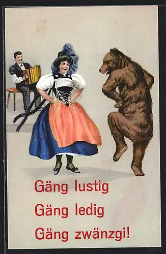 AK Bär tanzt mit Frau, Mann spielt Akordeon