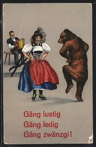 AK Bär tanzt mit Frau, Mann spielt Akordeon