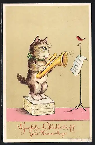 AK Kätzchen spielt Saxophon für einen Vogel, Namenstagsgruss