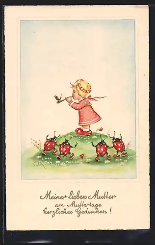 AK Kleines Mädchen spielt Marienkäfern mit Flöte zum Tanz auf, Muttertagsgruss