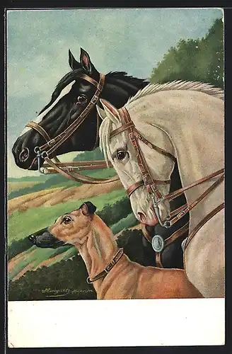 Künstler-AK Zwei Pferde und ein Jagdhund vor einer Landschaft