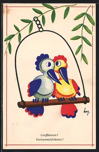 AK Zwei bunte Vögel auf einer Schaukel