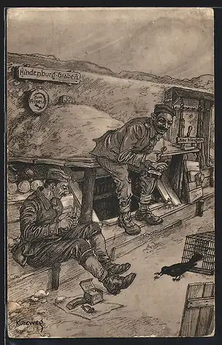 Künstler-AK Soldaten im Schützengraben bei einer Mahlzeit