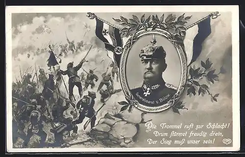 AK Heerführer Generaloberst von Bülow mit Pickelhaube, Soldaten im Gefecht