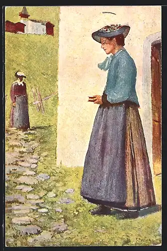 Künstler-AK Dame mit Hut vor einem Haus, Francis Portier, Pro Juventute