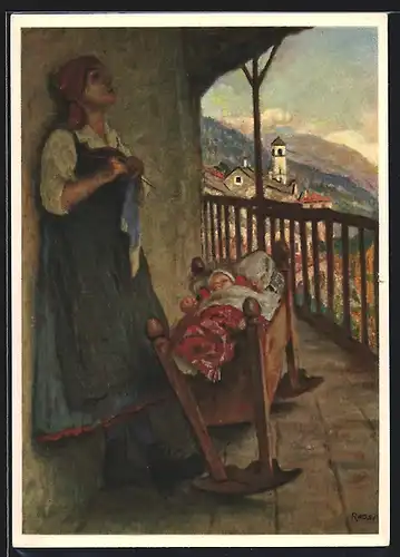 Künstler-AK Mutter mit Wiege, Pro Juventute