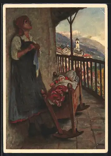 Künstler-AK Mutter mit Wiege, Pro Juventute