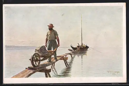 Künstler-AK Bootsleute beim Steineausladen, William Röthlisberger, Pro Juventute