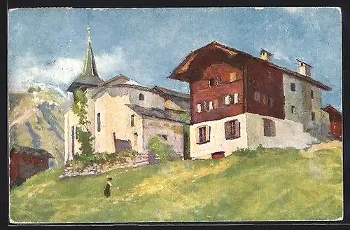 Künstler-AK Grimentz / Valais, Ortspartie mit Kirche