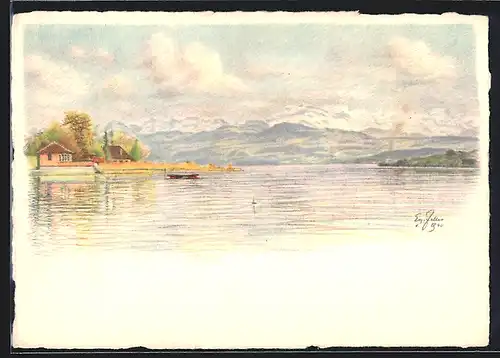 Künstler-AK Frühling am See, Blick gegen die Berge, E. Zeller, Pro Juventute