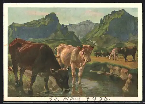 Künstler-AK Bergbach mit Kühen, Pro Juventute
