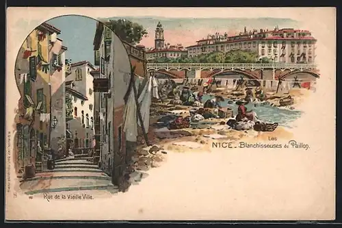 Lithographie Nice, Blanchisseuses du Paillon, Rue de la Vieille Ville