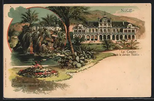 Lithographie Nice, le Casino & le Jardin Public, Cascade