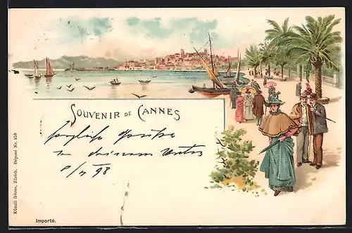 Lithographie Cannes, Promenade mit Passanten am Ufer