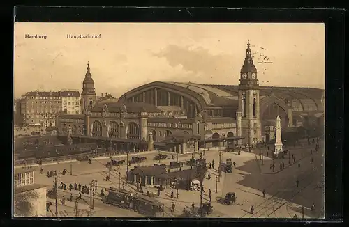 AK Hamburg-St.Georg, Strassenbahn vor dem Hauptbahnhof