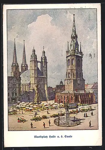 Künstler-AK Halle a/S., Händler und Stände auf dem Marktplatz