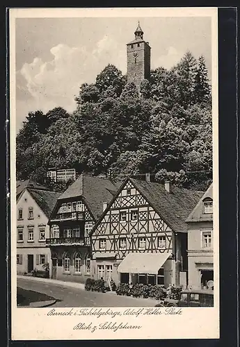 AK Berneck i. Fichtelgebirge, Blick v. Platz zum Schlossturm