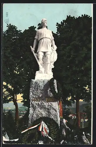 AK Vögelinsegg, Schlachtendenkmal gegen Bäume und Ortschaft