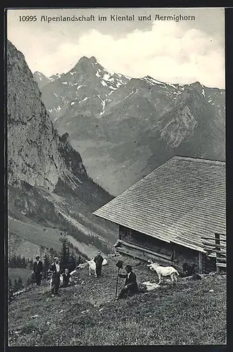 AK Kiental, Hirten und Ziegen an einer Hütte mit Aermighorn