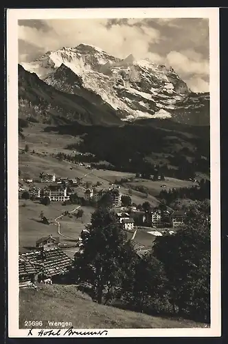 AK Wengen, Ortspartie mit Alpenpanorama