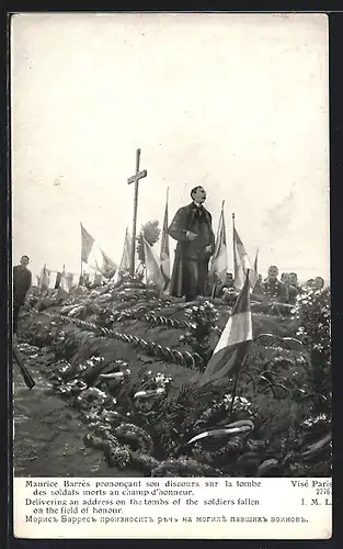 AK Maurice Barrès prononcant son discours sur la tombe..., Guerre Europeenne 1914-15