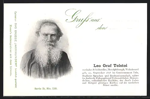 AK Portrait Schrifsteller Leo Graf Tolstoi mit Vollbart und Bauernkaftan