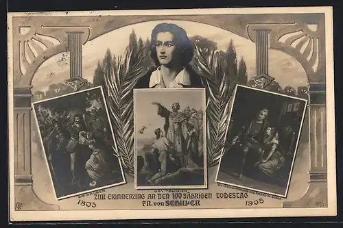 AK Friedrich Schiller, Erinnerungskarte zum 100jährigen Todestag 1905, Szenen aus Schillers Dramen