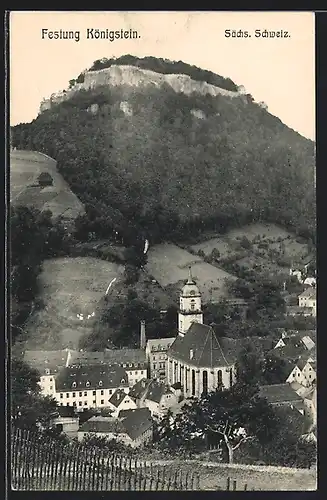 AK Königstein /Sächs. Schweiz, Teilansicht mit Kirche und Festung