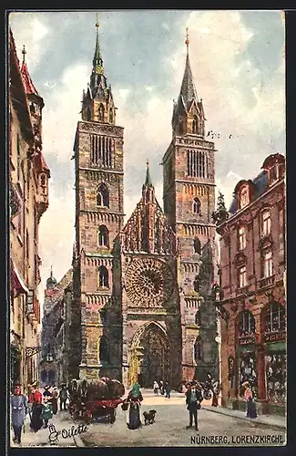 Künstler-AK Charles F.Flower: Nürnberg, Lorenzkirche mit Leuten an den Geschäften, Fässer auf dem Fuhrwerk