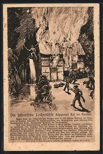 Künstler-AK Wehrheim /Taunus, Restaurant Lochmühle, Feuer