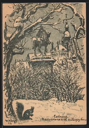 Künstler-AK Coburg, Reiterstandbild v. Herzog Ernst gegen Kirche