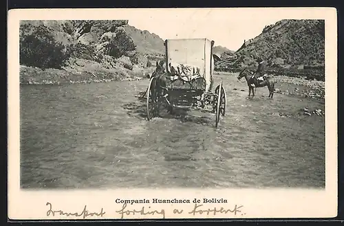 AK Compania Huanchaca de Bolivia, Esel-Fuhrwerk im Fluss
