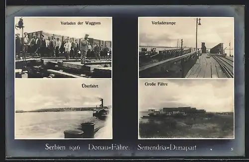 AK Semendria, Donaufähre, Verladen der Waggons am Hafen