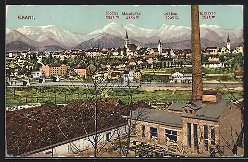 AK Kranj, Ortsansicht von Fabrikgelände aus, gegen die Berge