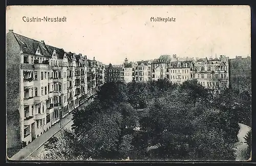 AK Cüstrin-Neustadt, Blick über den Moltkeplatz aus der Vogelschau