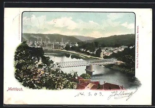AK Mettlach, Ortsansicht mit Flusspartie und Brücke