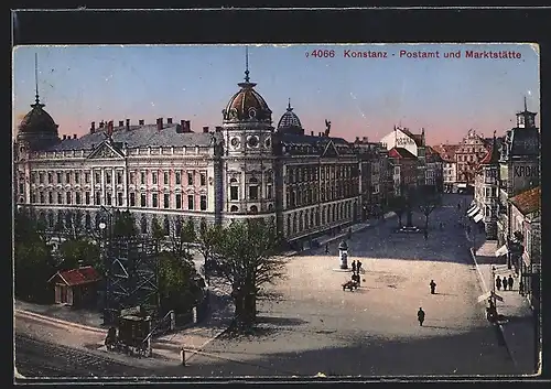 AK Konstanz, Postamt und Marktstätte bei Dämmerung