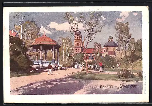 AK Kempten, Stadtpark mit Pavillon und Blick auf Kirche