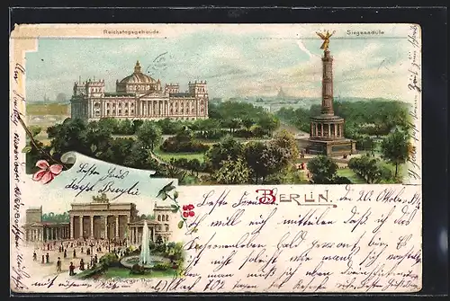 Lithographie Berlin-Tiergarten, Reichstag mit Siegessäule, Brandenburger Tor mit Fontäne