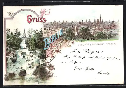 Lithographie Berlin, Ortsansicht v. Kreuzberg aus, Wasserfall im Victoriapark