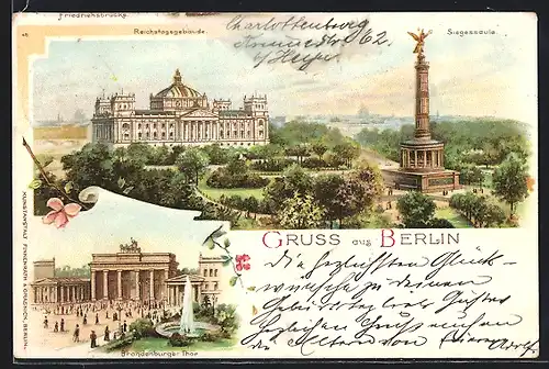 Lithographie Berlin-Tiergarten, Reichstag mit Siegessäule, Brandenburger Tor mit Fontäne