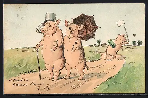 Lithographie vermenschlichte Schweine gehen als Familie spazieren