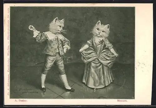 AK Festlich gewandetes Katzenpaar beim Tanzen eines Menuetts