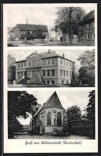 AK Wohlmirstedt /Unstruttal, Dorfplatz, Schloss, Kirche