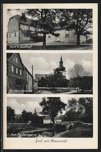 AK Mannstedt, Vent`s Gasthof, Kirche und Denkmal, Am Dorfeingang