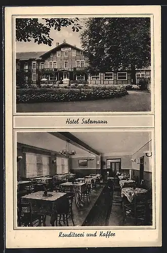 AK Bad Kösen, Hotel Cafe Konditorei Salzmann, Aussen- u. Innenansicht